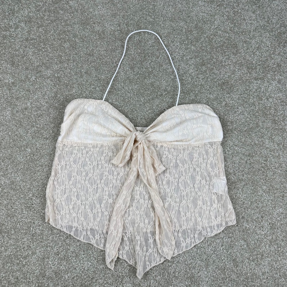 Lace Halter Top Bow Front Handkerchief Hem Sheer Cream Y2K Coquette Size L